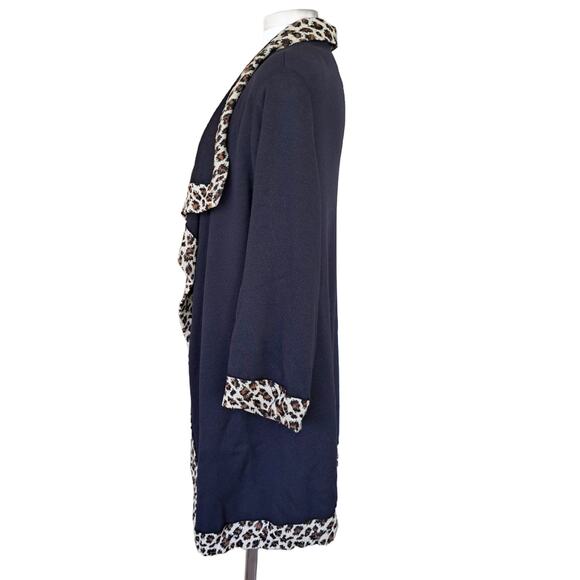 ST JOHN Knit Open Front Cardigan Jacket Dark Navy Leopard Trim Large Long - Picture 4 of 11